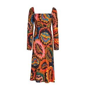 Farm Rio Colorful Flowers Long Sleeve Midi Dress Smocked Boho Tropical XS